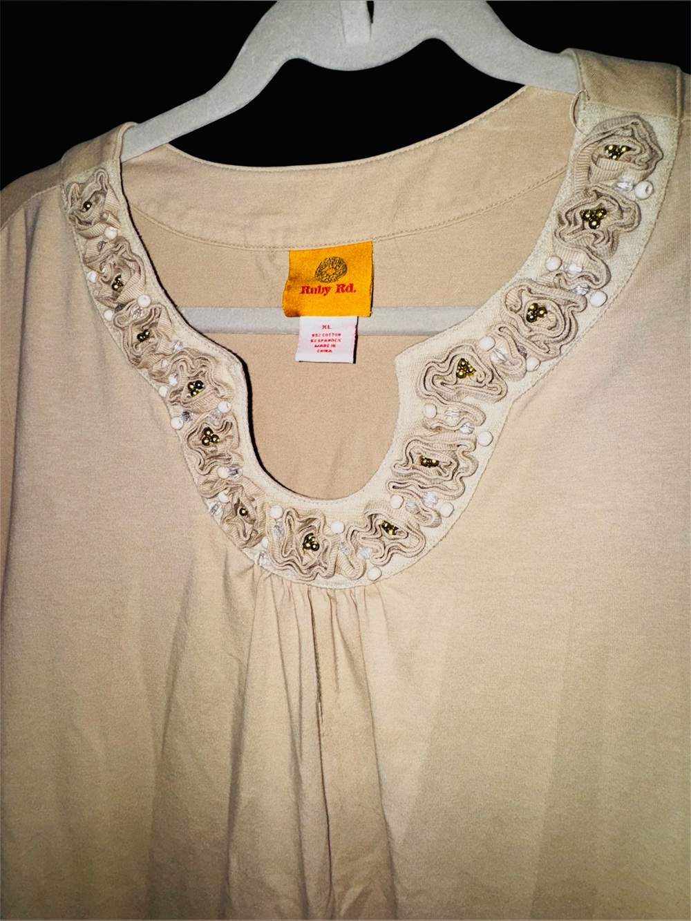 Ruby Rd. Embellished Split Neck Short Sleeve Knit Top 1X Beige Cotton Stretch - Picture 2 of 8